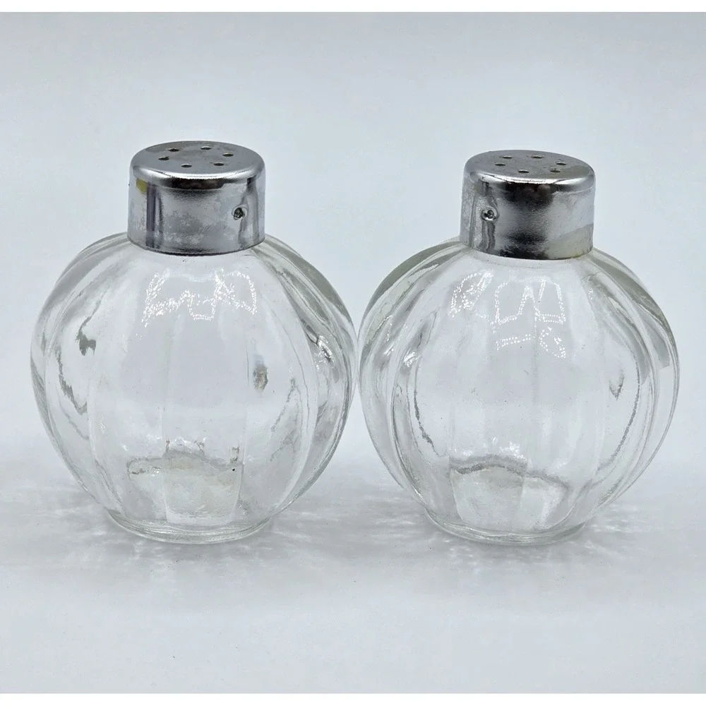 VINTAGE SALT AND PEPPER SHAKER SET- Clear Glass Melon Ribbed Festive Fall Autumn
